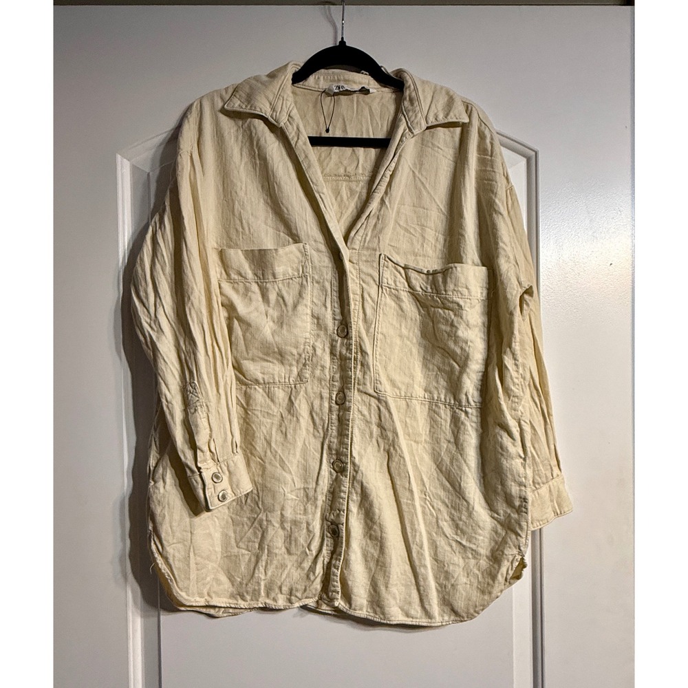 Zara Button Down Shirt XS Cream Oversized Cotton Twill Utility Neutral Relaxed